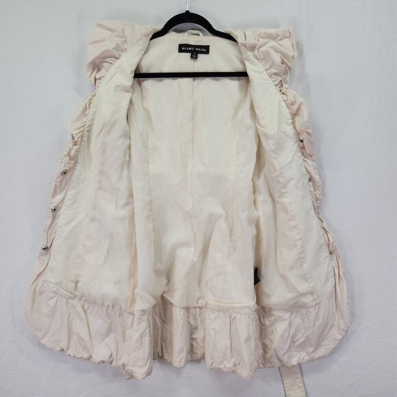 Blanc Noir Belted Coat Size Medium Puff Ruffle Trim Ivory Snap Button Midi - Picture 3 of 15